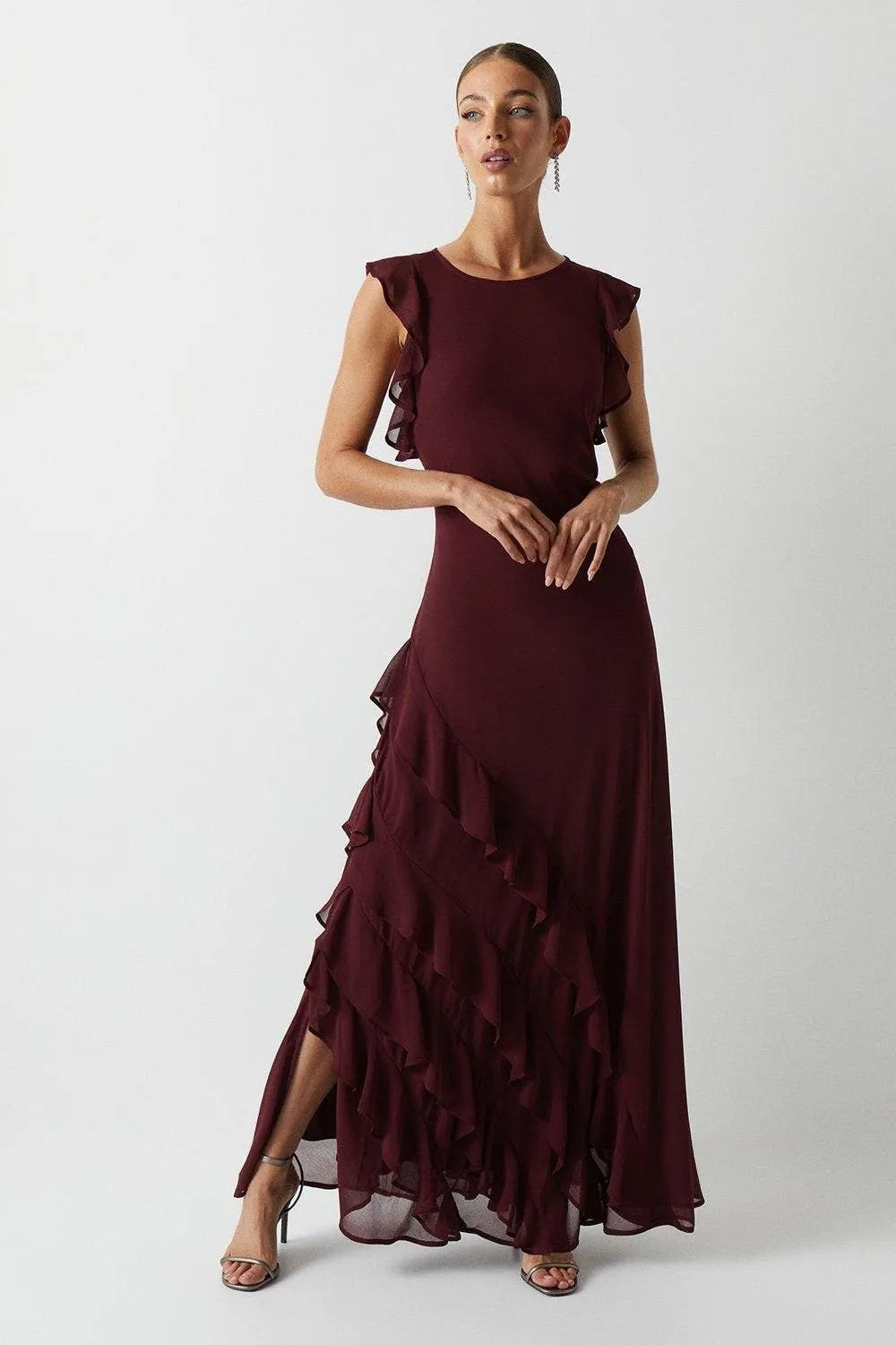 Elegant Sheath Crew-Neck Ruffle-Sleeve Keyhole-Back Floor-Length Formal Prom Dresses