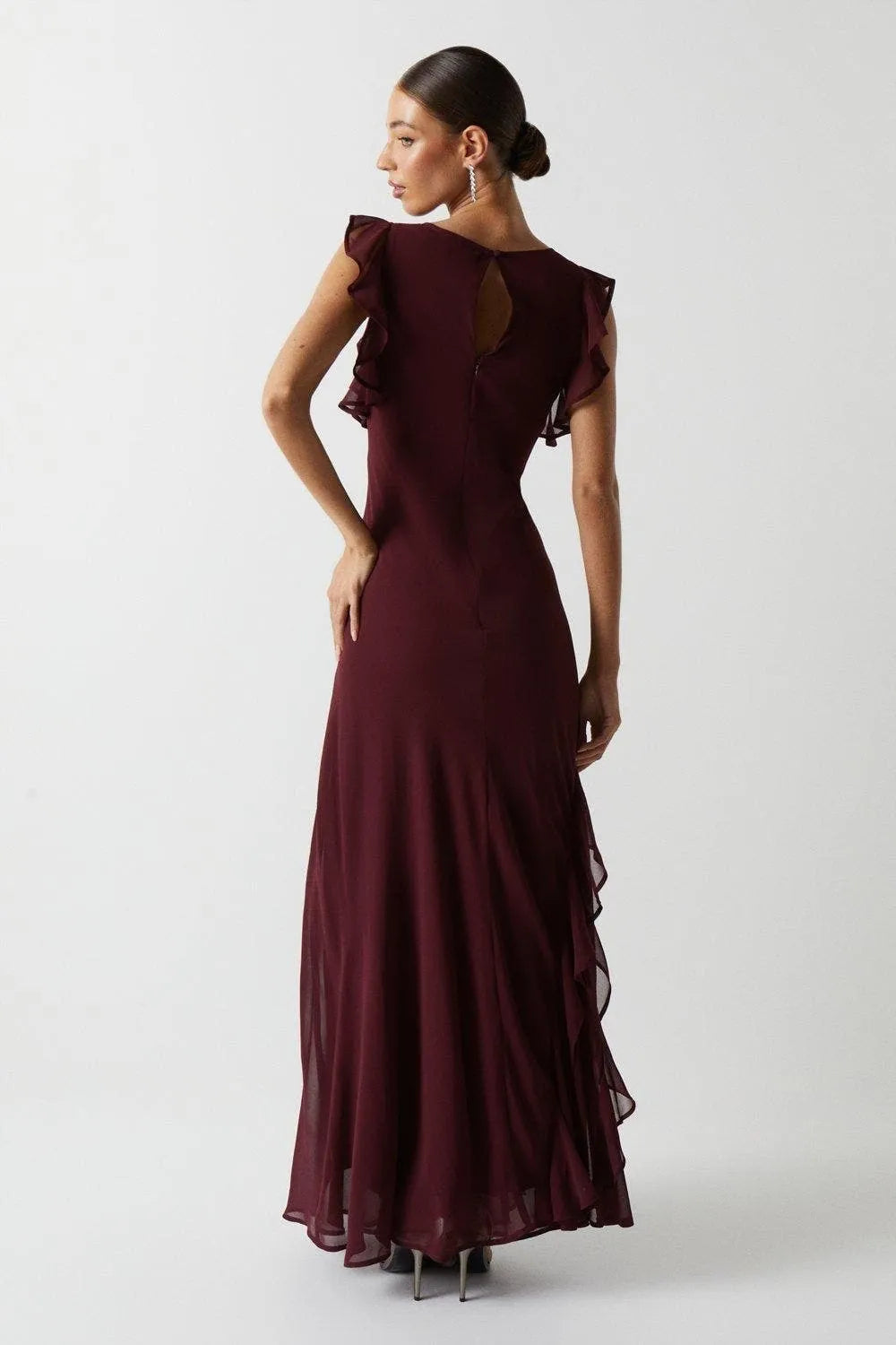 Elegant Sheath Crew-Neck Ruffle-Sleeve Keyhole-Back Floor-Length Formal Prom Dresses
