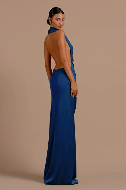 Elegant Sheath Halter Neck Sleeveless Cut-Out Back Floor-Length Formal Party Dresses