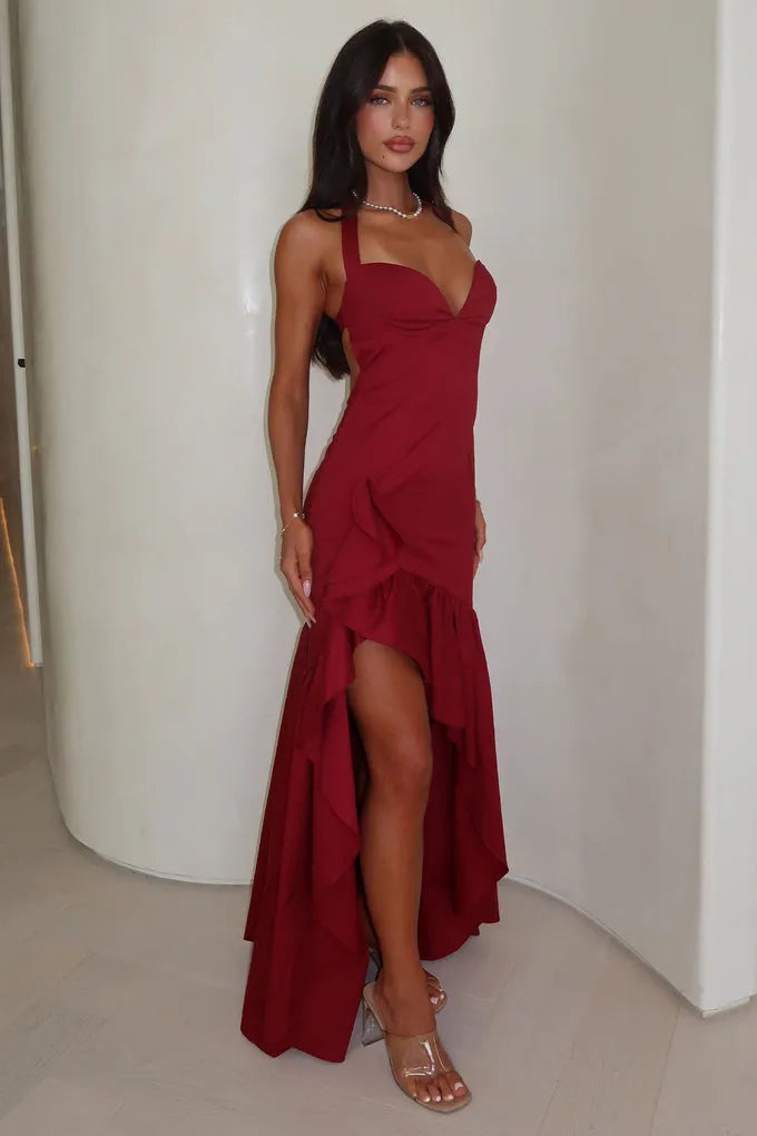 Elegant Sheath Halter Neck Sleeveless Cut Out Back High Low Prom Dresses