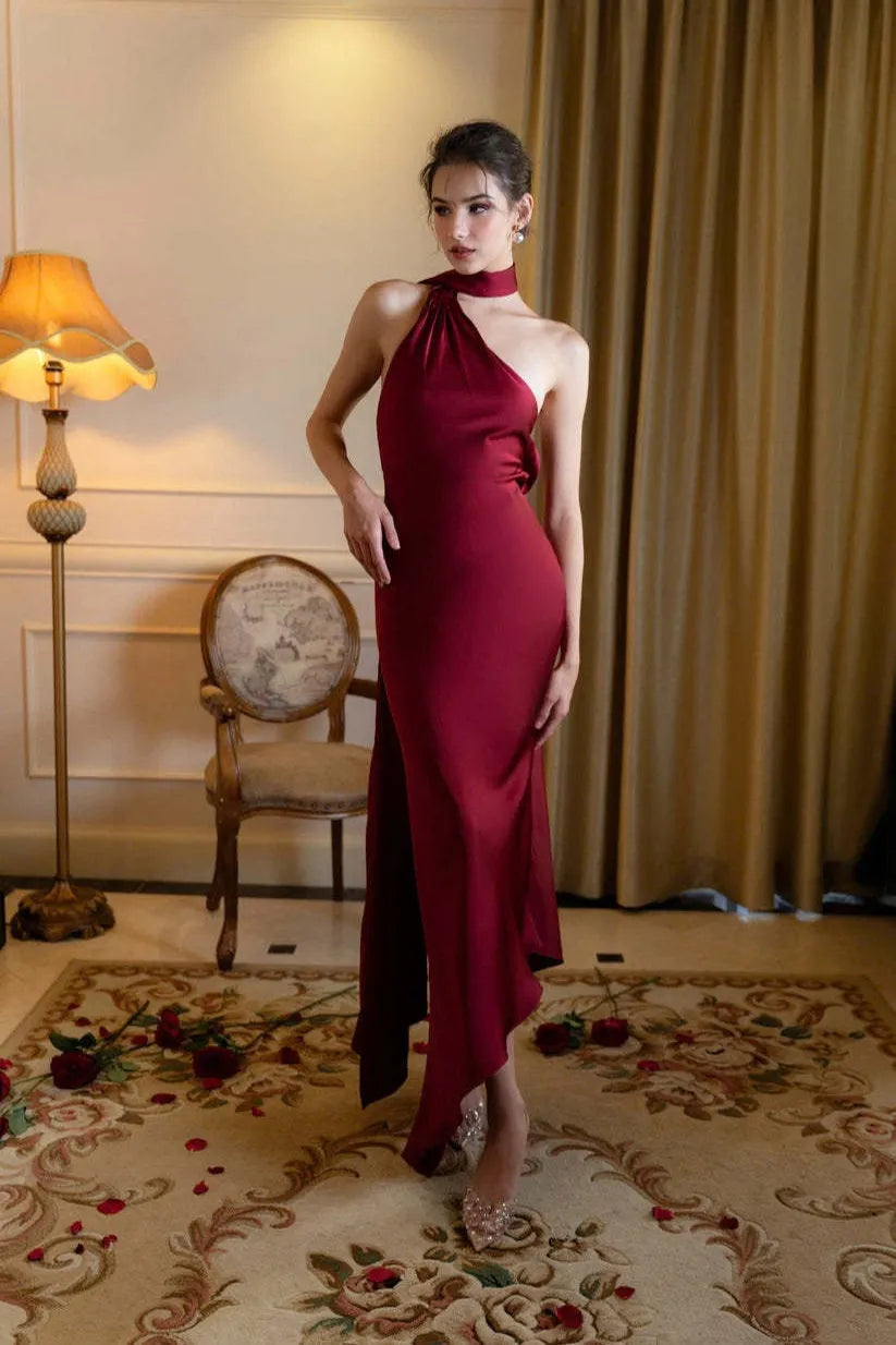 Elegant Sheath Halter Neck Sleeveless Lace-Up Back Floor-Length Formal Party Dresses