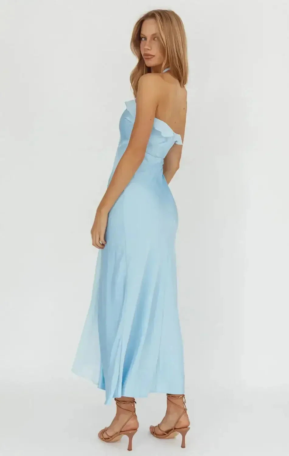 Elegant Sheath Halter Neck Sleeveless Ruffled Back Midi Formal Dresses