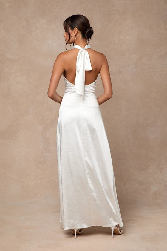 Elegant Sheath Halter Neck Sleeveless Satin Tie Back High Side Slit Lace-Inset Ankle-Length Prom Dresses