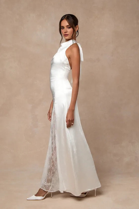 Elegant Sheath Halter Neck Sleeveless Satin Tie Back High Side Slit Lace-Inset Ankle-Length Prom Dresses