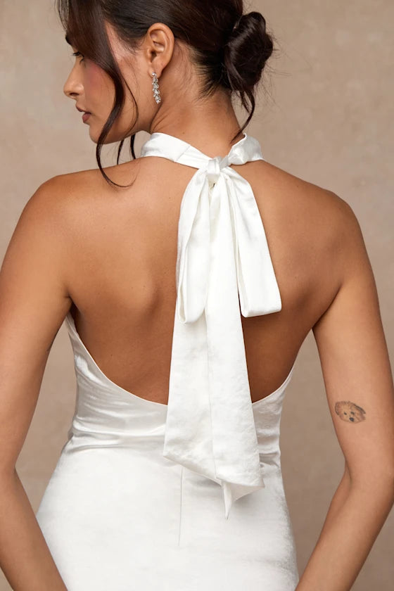 Elegant Sheath Halter Neck Sleeveless Satin Tie Back High Side Slit Lace-Inset Ankle-Length Prom Dresses