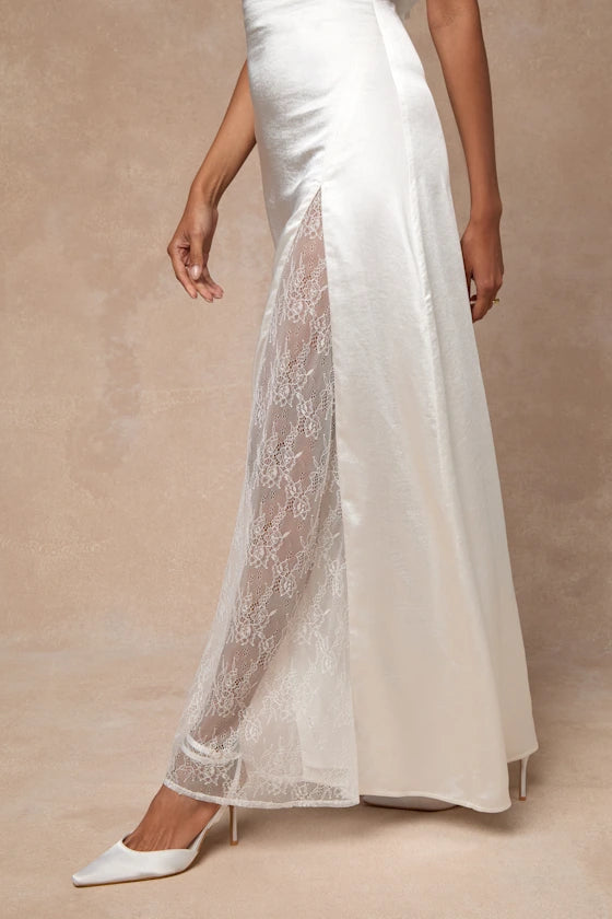 Elegant Sheath Halter Neck Sleeveless Satin Tie Back High Side Slit Lace-Inset Ankle-Length Prom Dresses