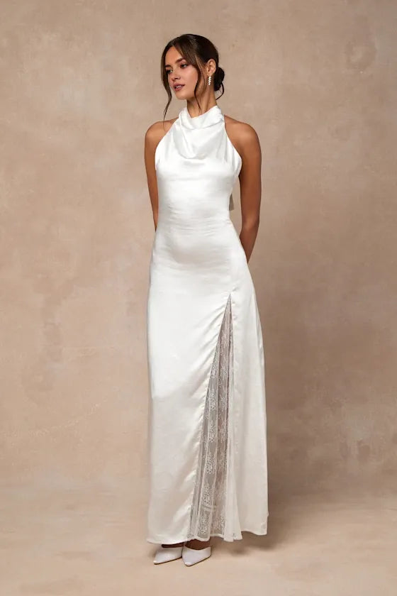 Elegant Sheath Halter Neck Sleeveless Satin Tie Back High Side Slit Lace-Inset Ankle-Length Prom Dresses