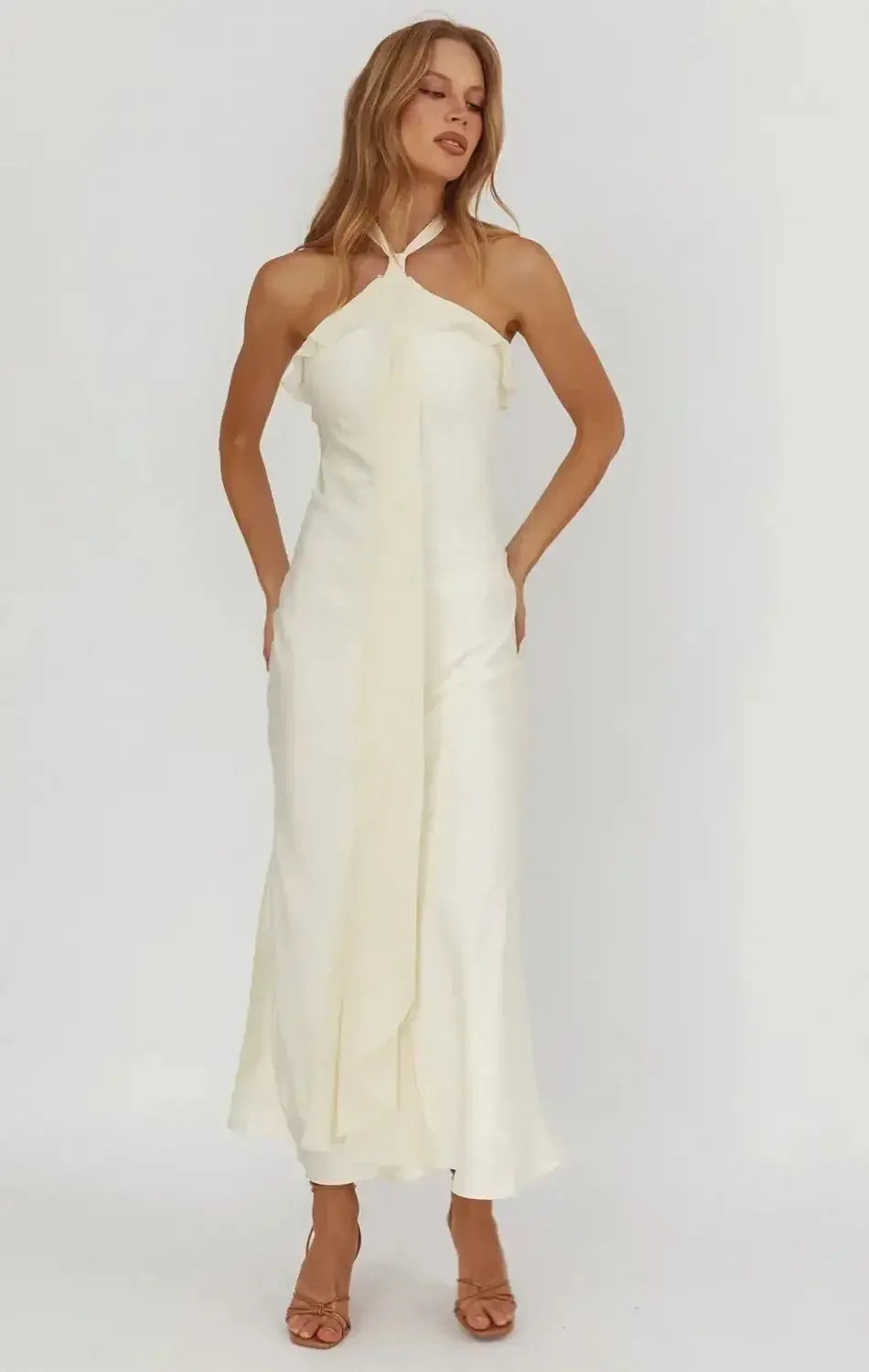 Elegant Sheath Halter Neck Sleeveless Solid Back Midi Formal Dresses