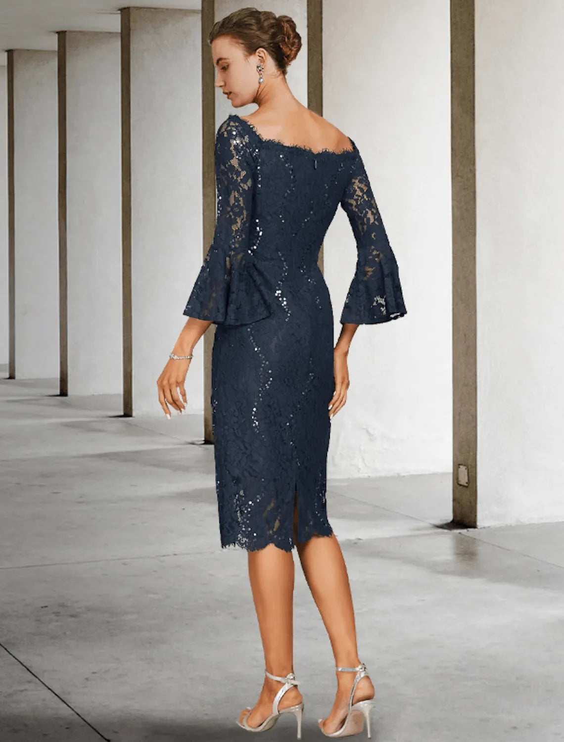Elegant Sheath Off-The-Shoulder Bell Sleeve Open-Back Midi-Length Mother Of The Bride Dresses