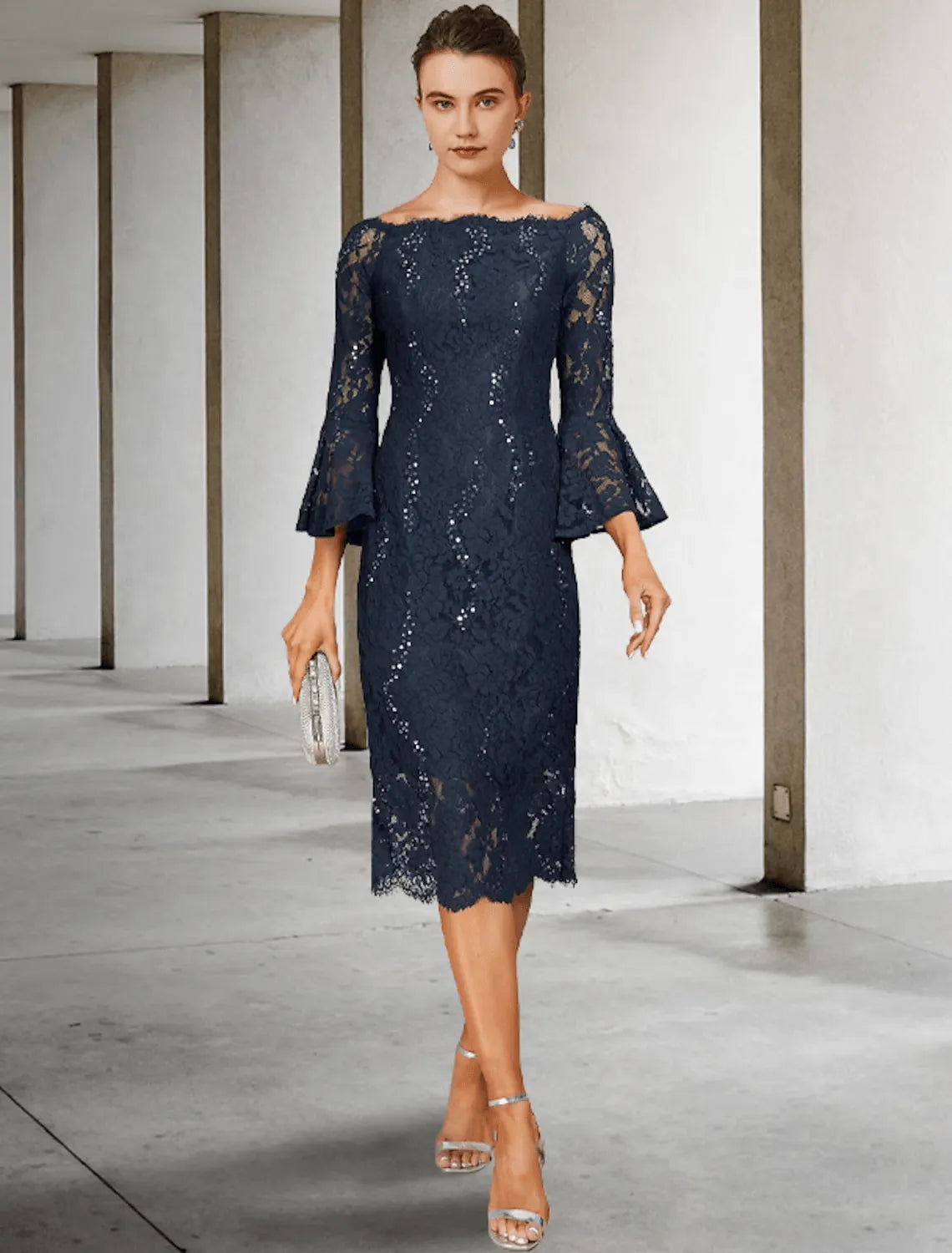 Elegant Sheath Off-The-Shoulder Bell Sleeve Open-Back Midi-Length Mother Of The Bride Dresses