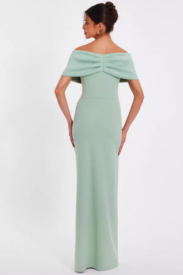 Elegant Sheath Off Shoulder Bow Back Ruched Floor Length Formal Prom Dresses