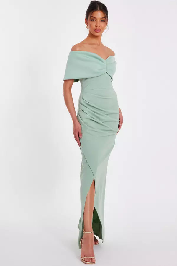 Elegant Sheath Off Shoulder Bow Back Ruched Floor Length Formal Prom Dresses