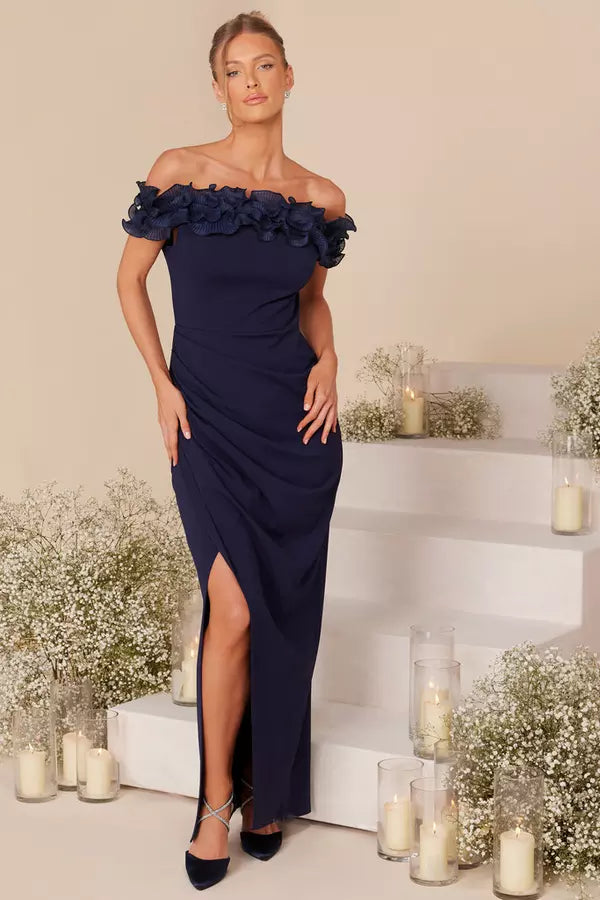 Elegant Sheath Off Shoulder Ruffled Open Back Floor Length Formal Prom Dresses
