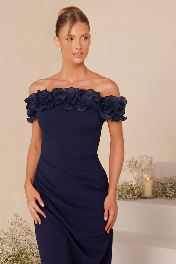 Elegant Sheath Off Shoulder Ruffled Open Back Floor Length Formal Prom Dresses