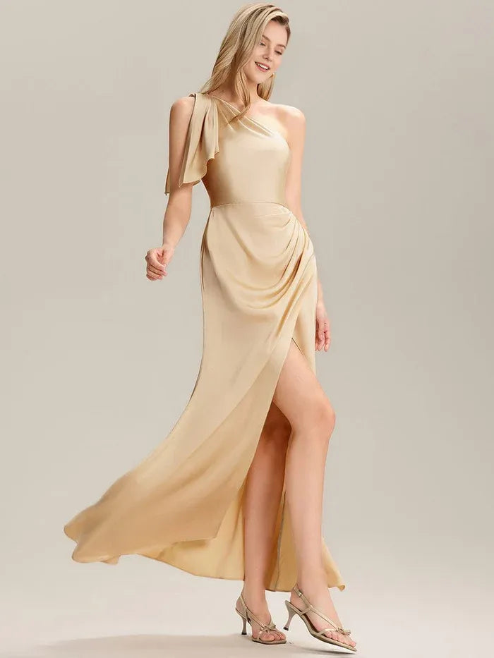 Elegant Sheath One-Shoulder Sleeveless Back Zip Floor-Length Side Leg Slit Prom Dresses for women hot sale