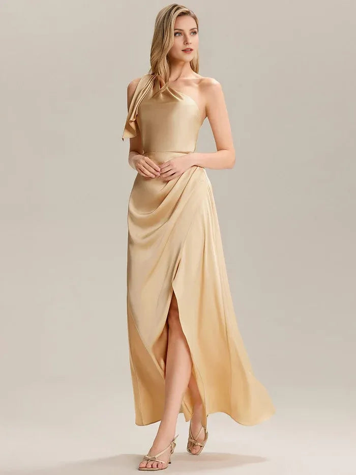 Elegant Sheath One-Shoulder Sleeveless Back Zip Floor-Length Side Leg Slit Prom Dresses for women hot sale