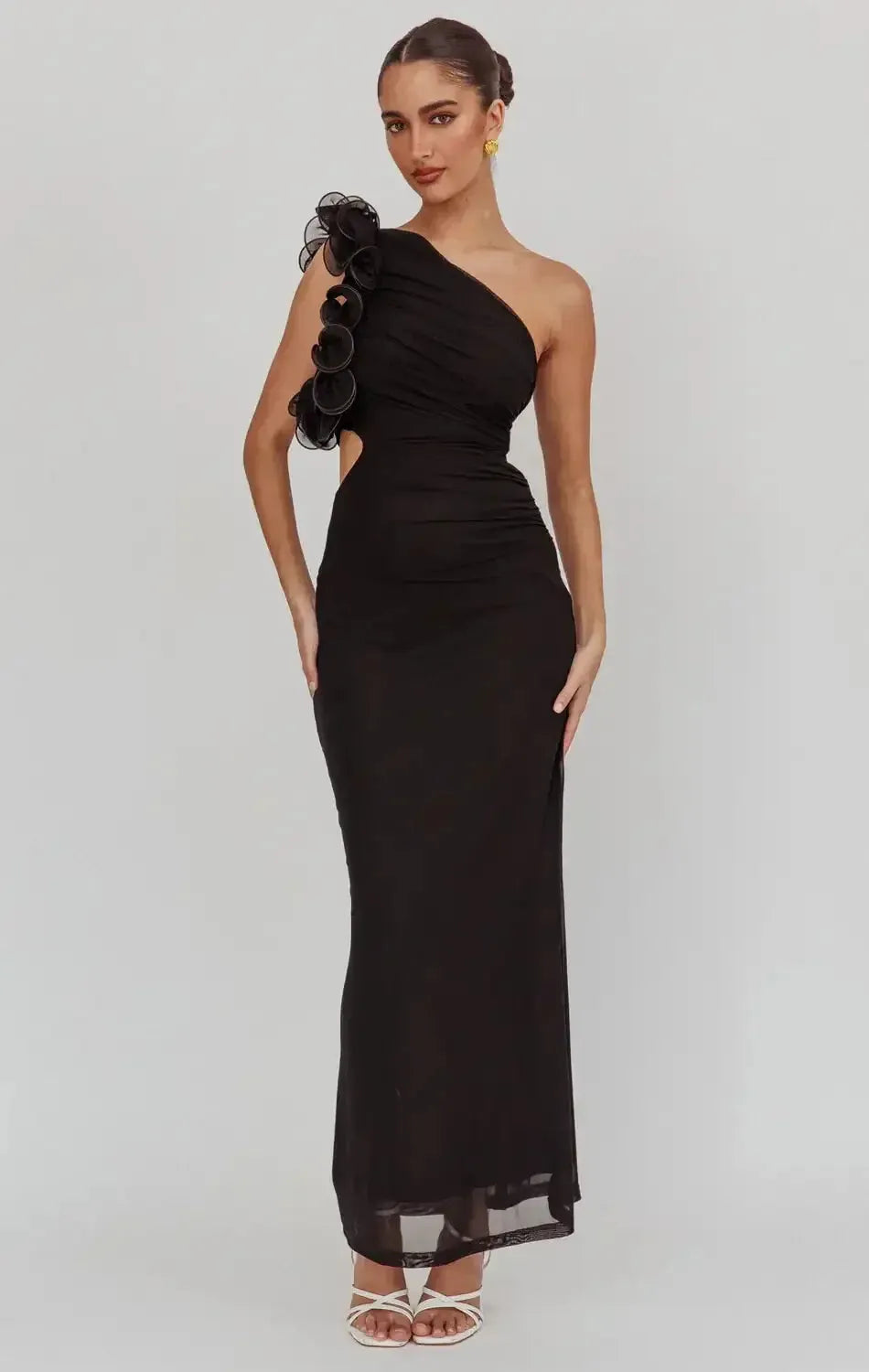 Elegant Sheath One-Shoulder Sleeveless Cutout Back Ruffled Floor-Length Formal Dresses