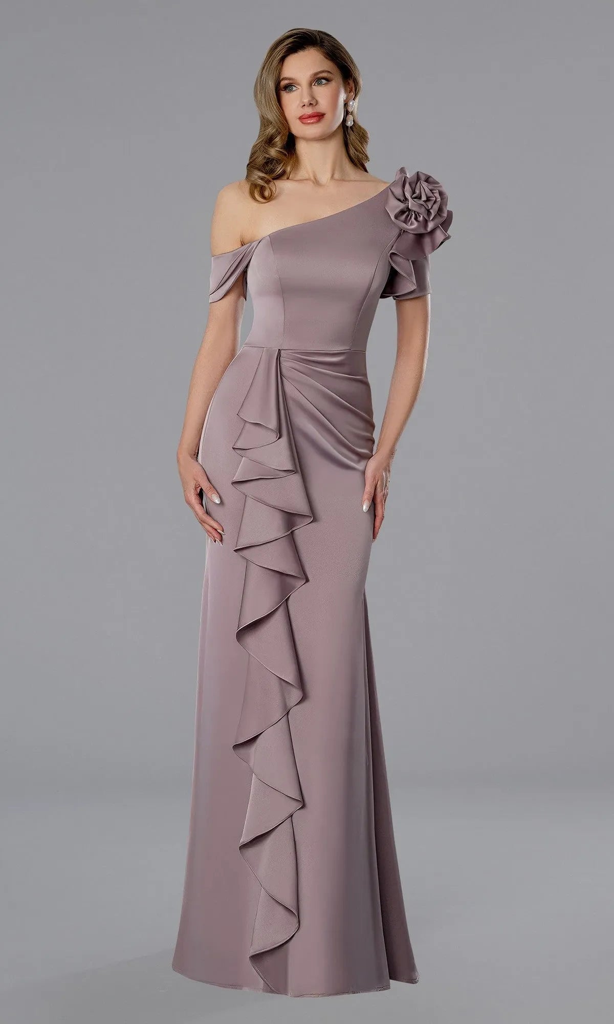 Elegant Sheath One Shoulder Ruffled Flower Accent Floor Length Prom Dresses