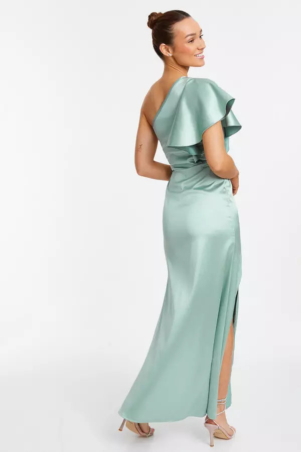 Elegant Sheath One Shoulder Ruffled Open Back Floor Length Formal Prom Dresses