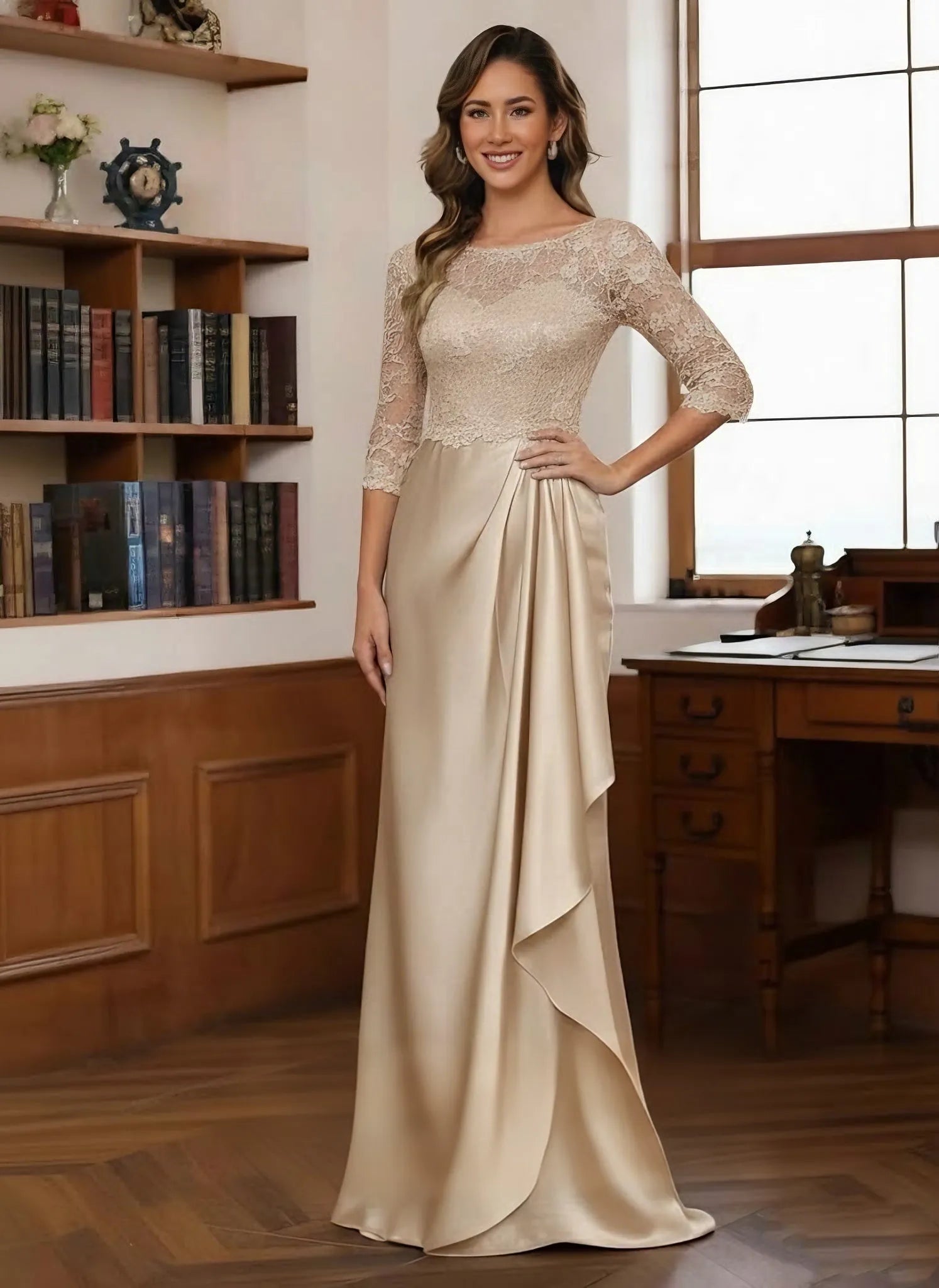 Elegant Sheath Scoop Neck Lace-Sleeve Zip Back Long Mother of the Bride Dresses
