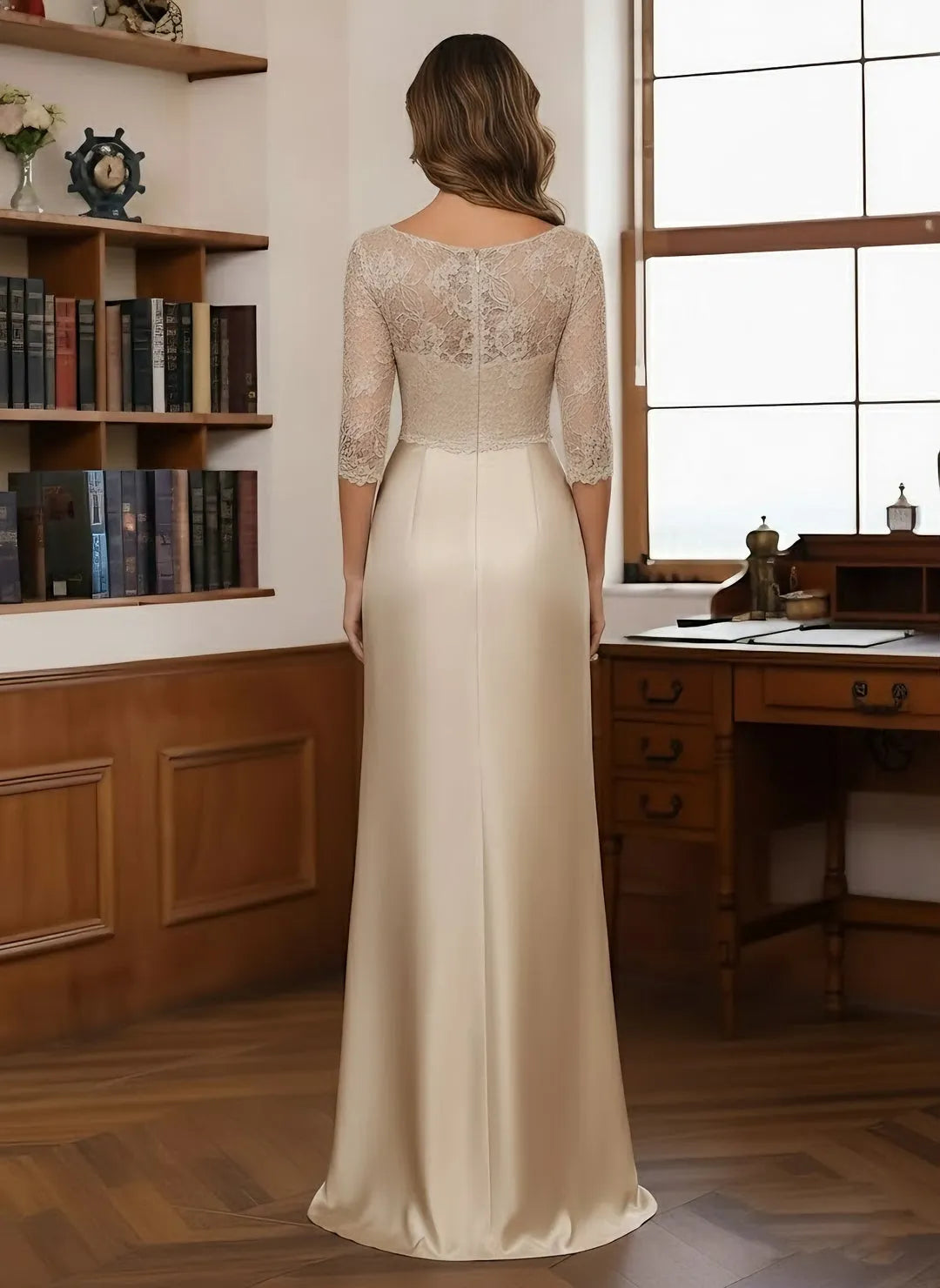 Elegant Sheath Scoop Neck Lace-Sleeve Zip Back Long Mother of the Bride Dresses