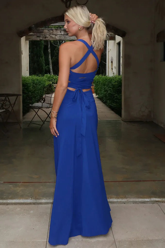 Elegant Sheath Square-Neck Crisscross-Back Cutout-Waist Floor-Length Formal Prom Dresses