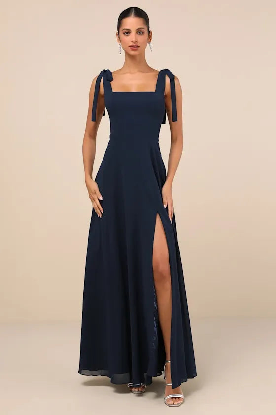 Elegant Sheath Square Neck Bow Strap Zipper Back Floor Length Formal Prom Dresses