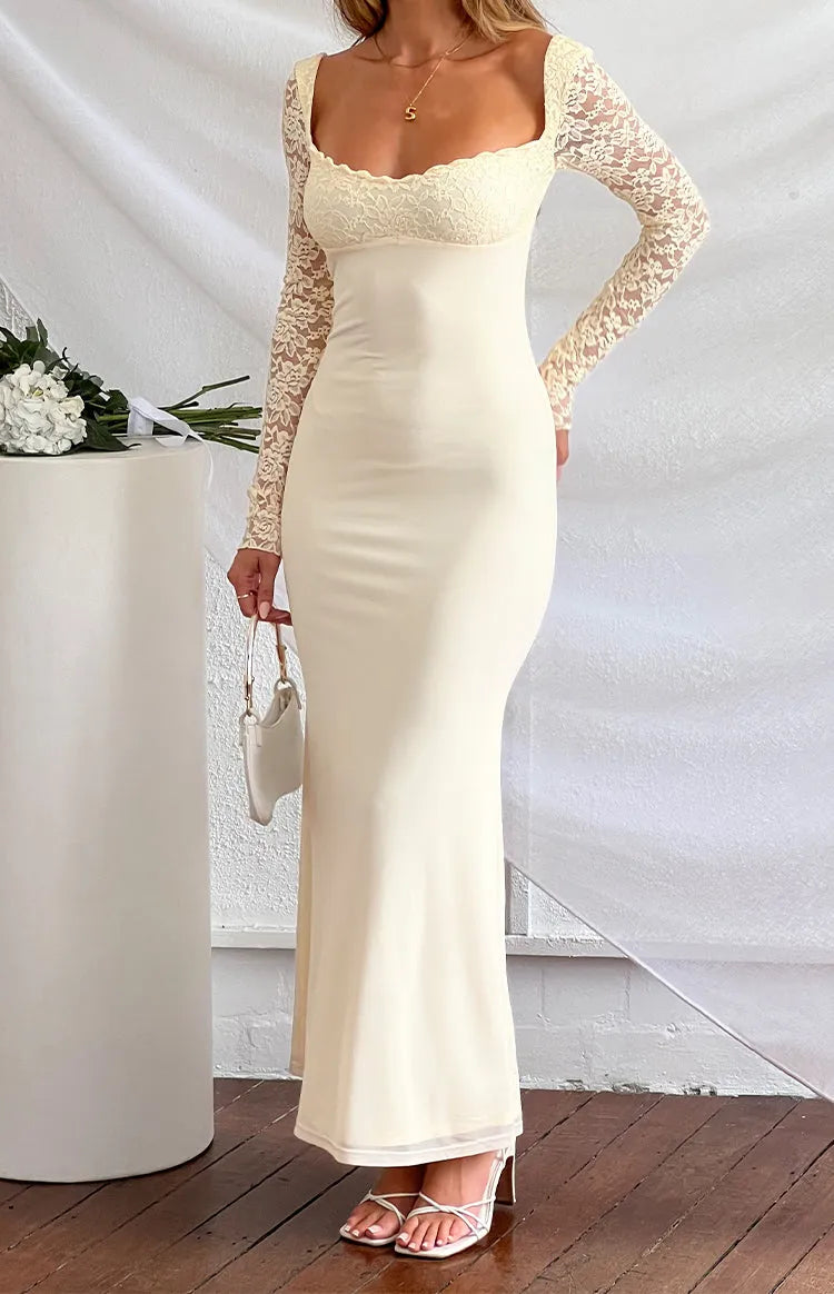 Elegant Sheath Square Neck Lace Long Sleeve Open Back Floor Length Formal Prom Dresses