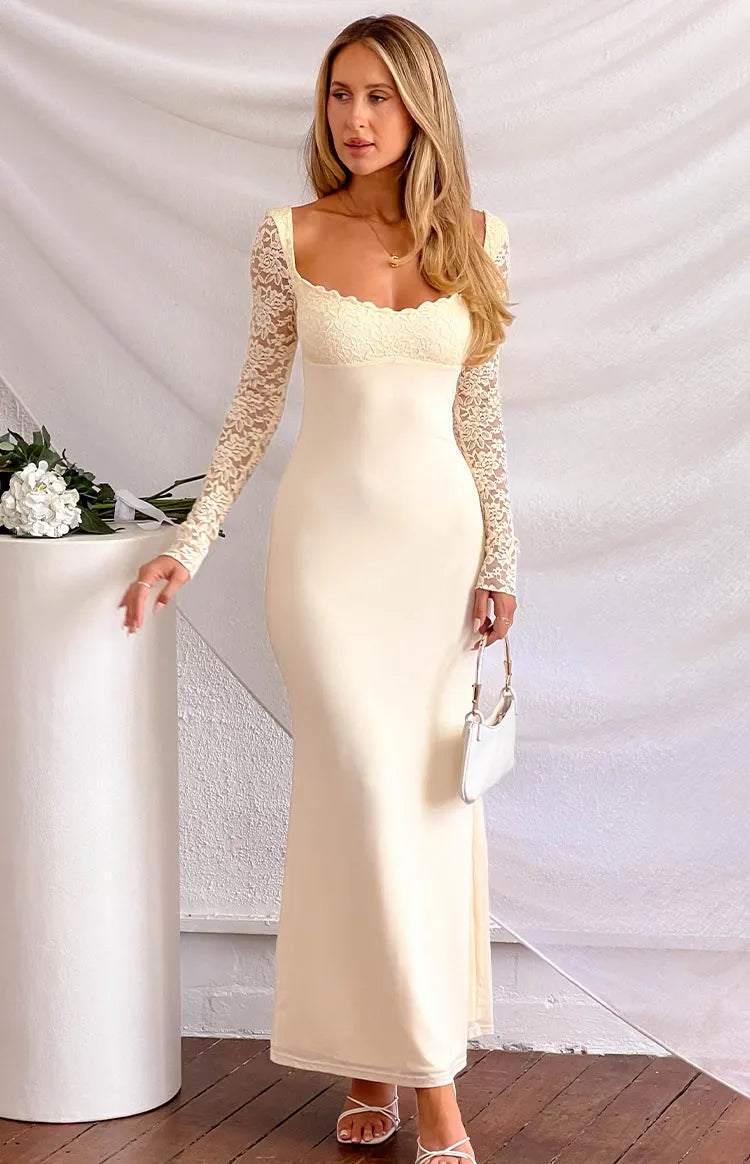 Elegant Sheath Square Neck Lace Long Sleeve Open Back Floor Length Formal Prom Dresses