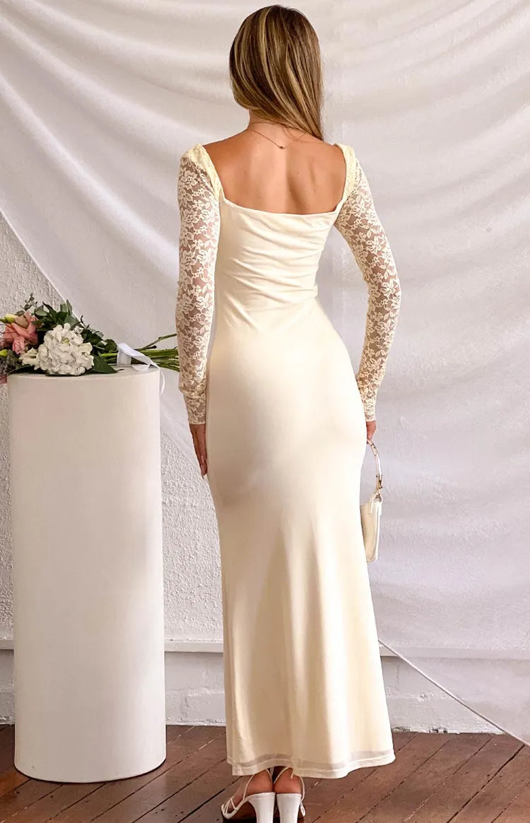 Elegant Sheath Square Neck Lace Long Sleeve Open Back Floor Length Formal Prom Dresses