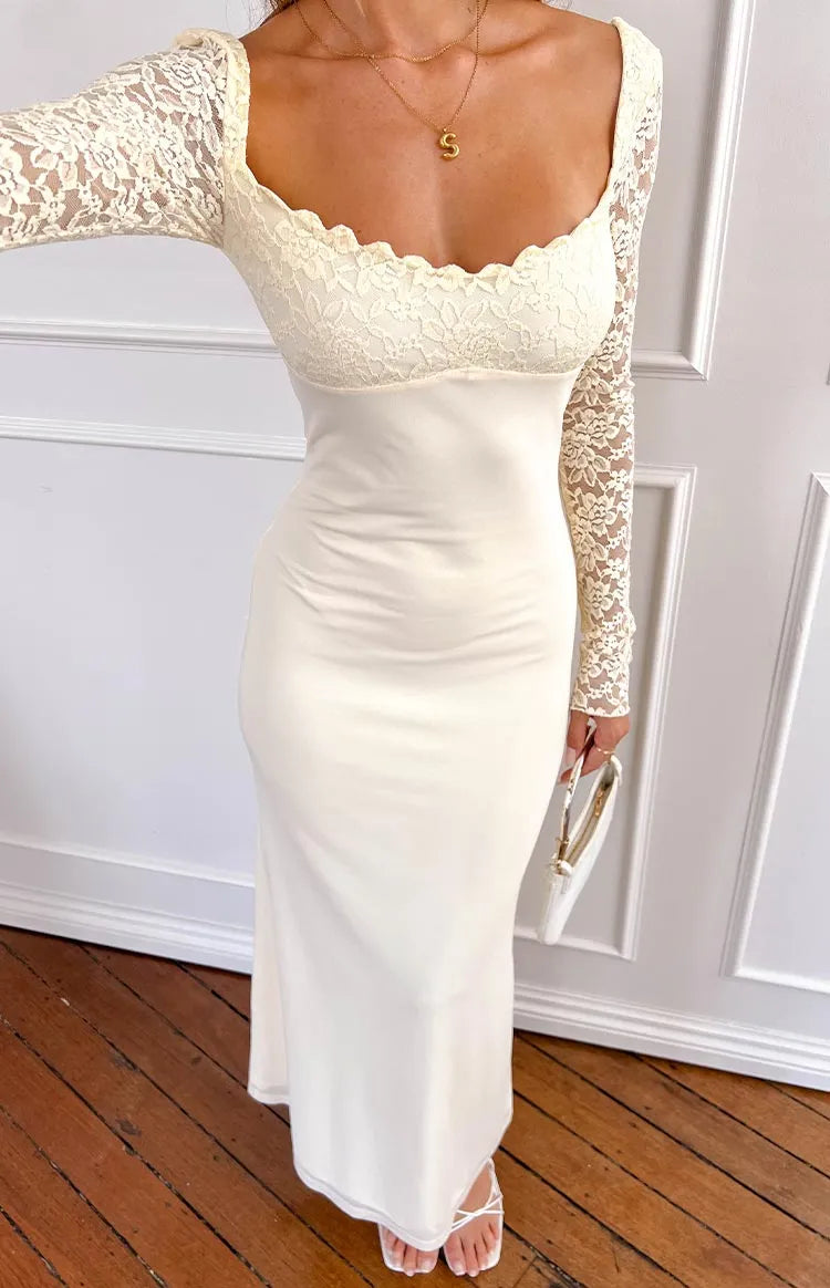 Elegant Sheath Square Neck Lace Long Sleeve Open Back Floor Length Formal Prom Dresses