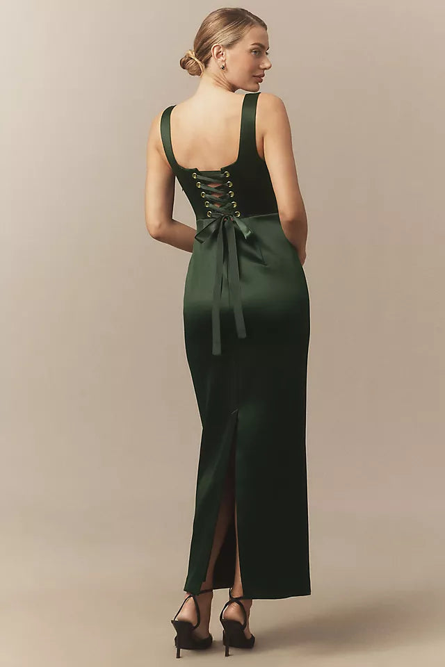 Elegant Sheath Square Neck Sleeveless Lace-Up Back Floor-Length Prom Dresses