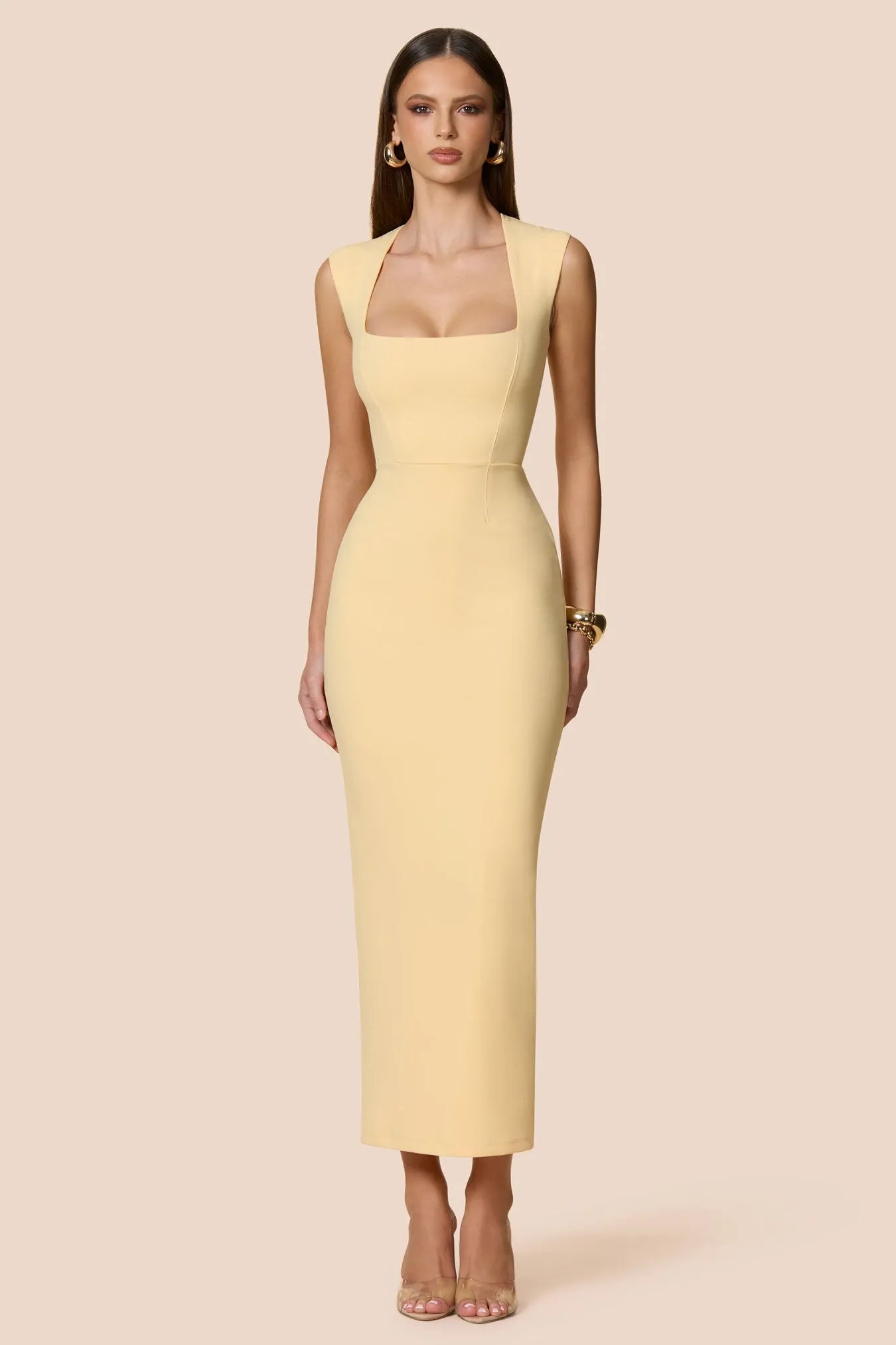 Elegant Sheath Square Neck Sleeveless Slit Back Midi-Length Prom Dresses