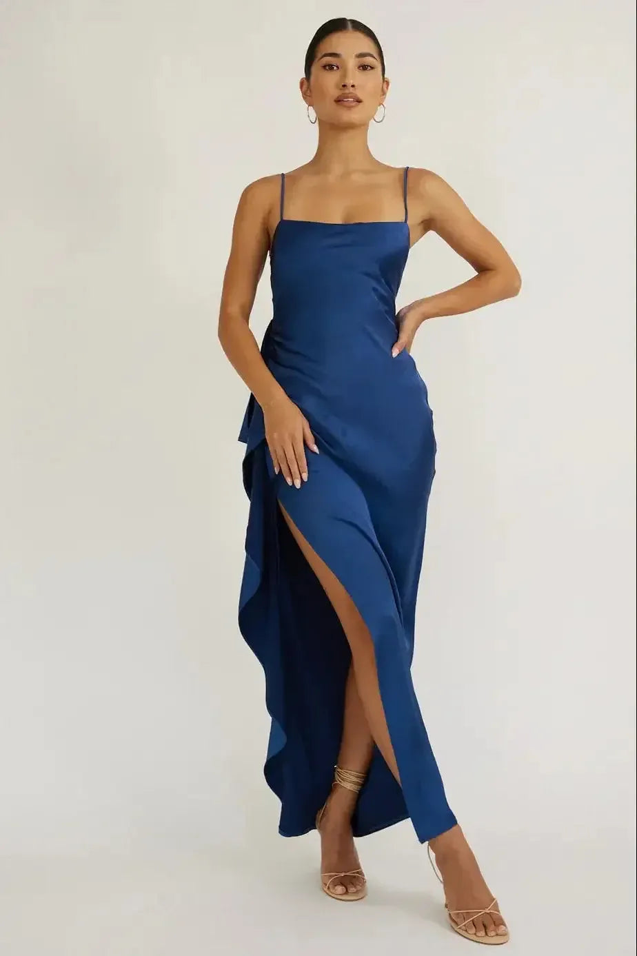 Elegant Sheath Square Neck Spaghetti Strap Bow Back High-Slit Midi Formal Dresses