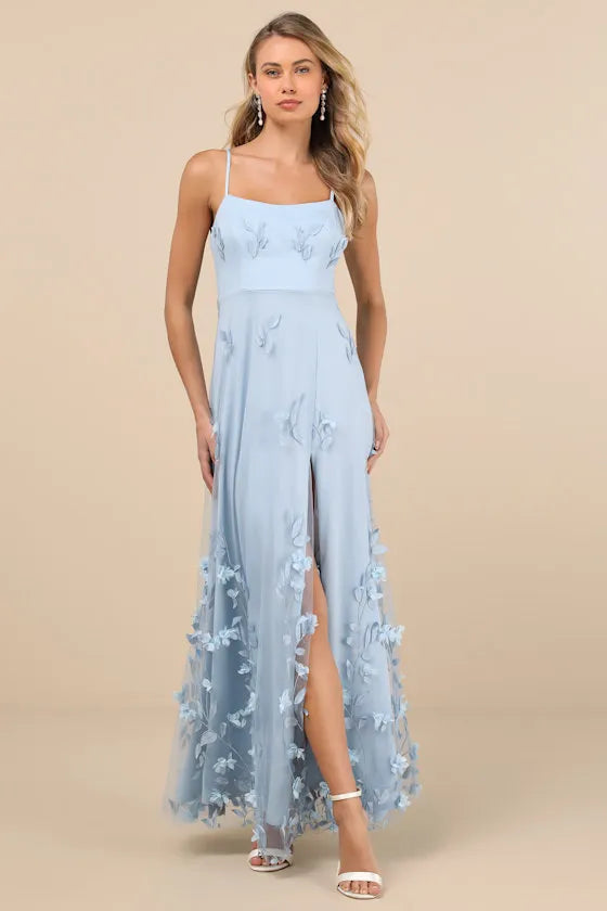 Elegant Sheath Square Neck Spaghetti Strap Embroidered Back Floor Length Formal Prom Dresses