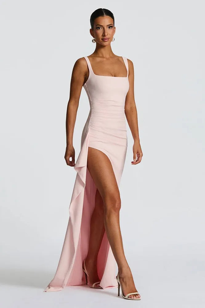 Elegant Sheath Square Neck Spaghetti Strap Ruffled Back Floor-Length Party Dresses