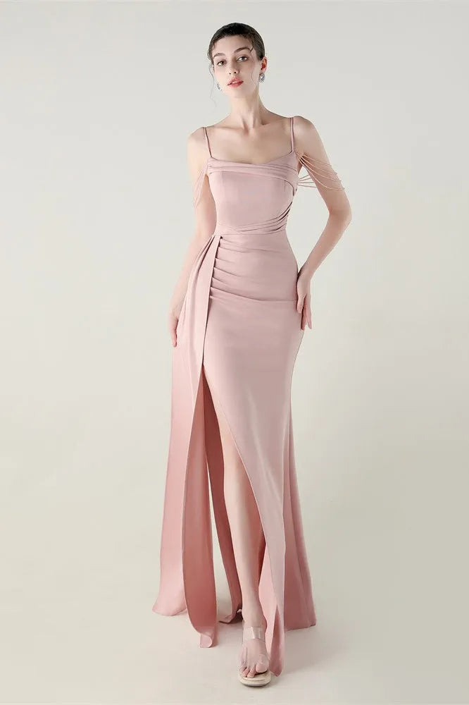 Elegant Sheath Square Neck Spaghetti Strap Tassel Back Floor-Length Formal Dresses