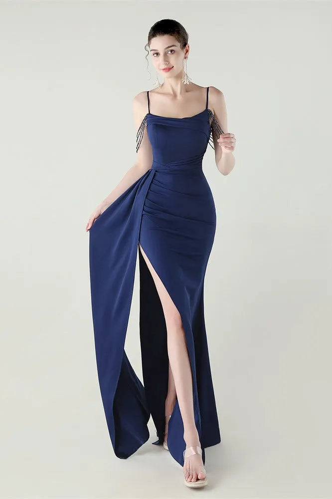 Elegant Sheath Square Neck Spaghetti Strap Tassel Back Floor-Length Formal Dresses