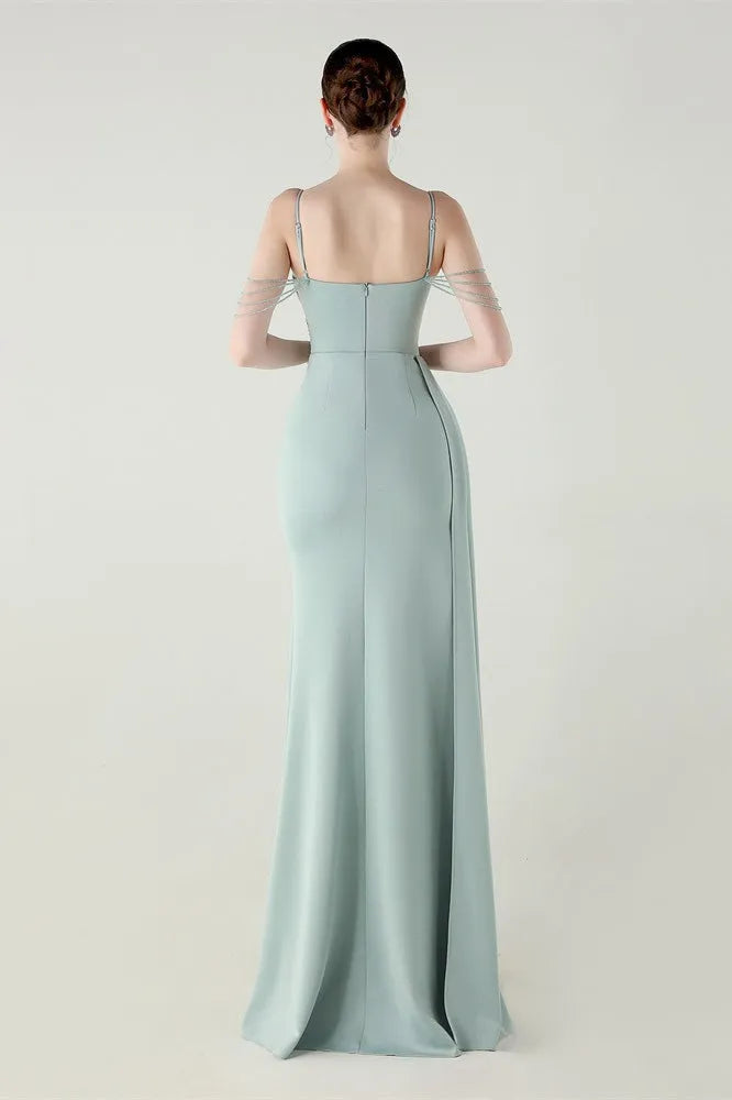 Elegant Sheath Square Neck Spaghetti Strap Tassel Back Floor-Length Formal Dresses