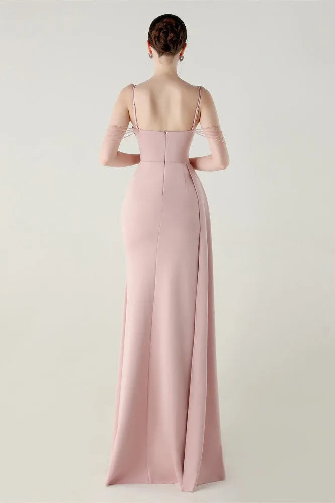 Elegant Sheath Square Neck Spaghetti Strap Tassel Back Floor-Length Formal Dresses