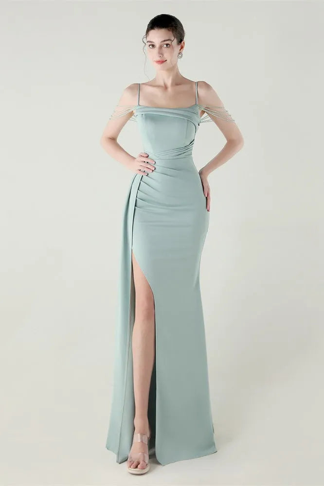 Elegant Sheath Square Neck Spaghetti Strap Tassel Back Floor-Length Formal Dresses