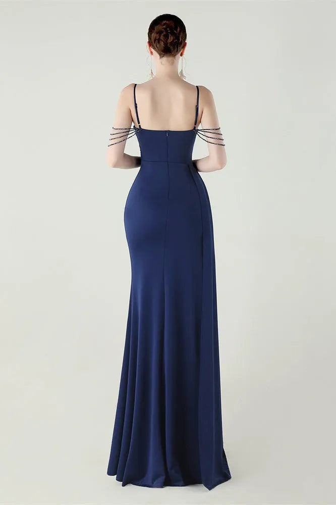 Elegant Sheath Square Neck Spaghetti Strap Tassel Back Floor-Length Formal Dresses