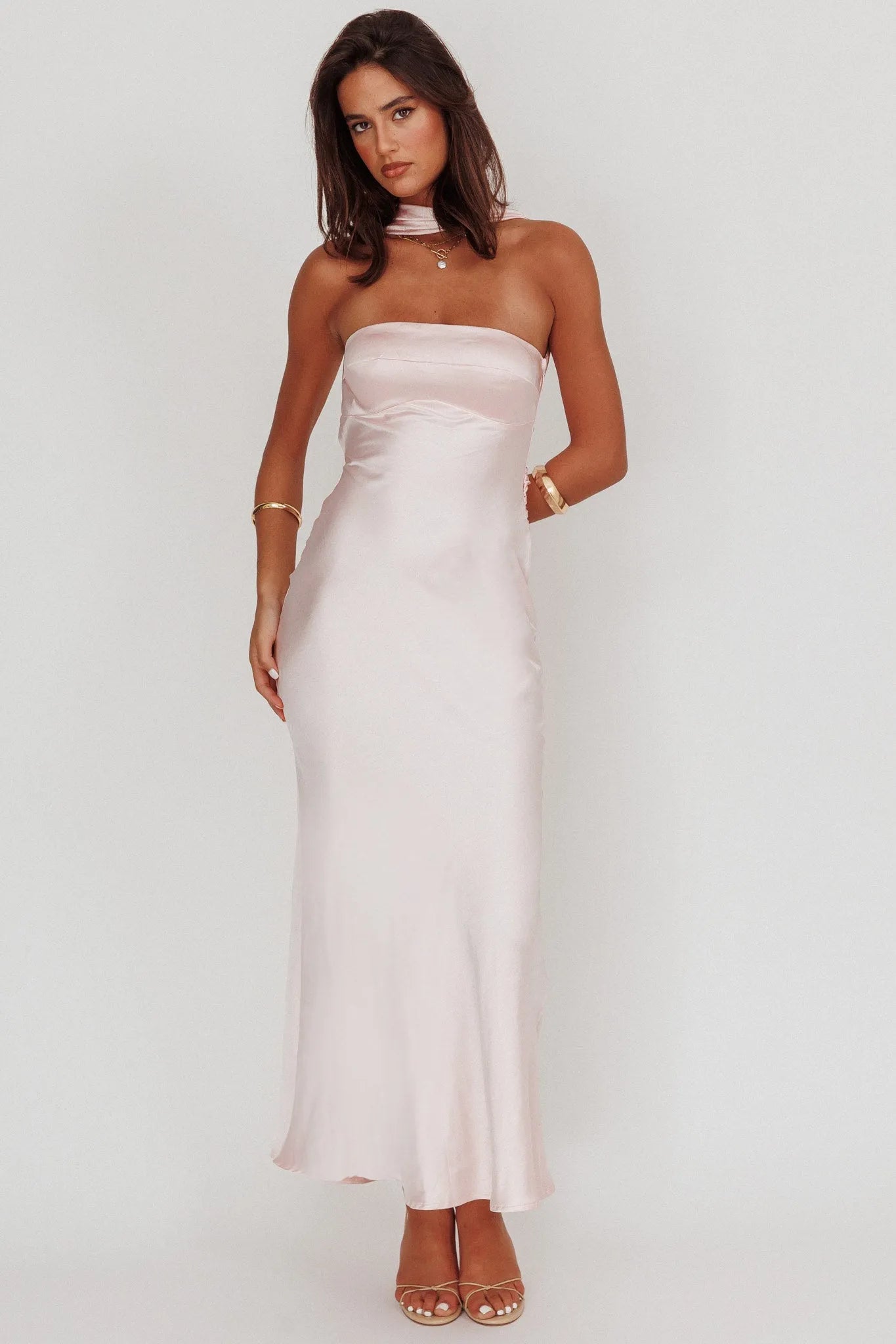 Elegant Sheath Strapless Halter Neck Open Back Floor Length Prom Dresses