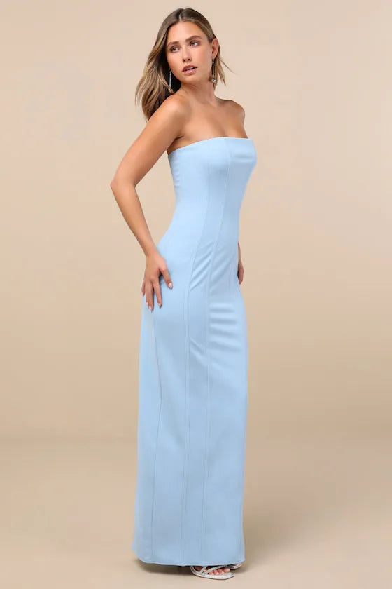 Elegant Sheath Strapless Open Back High Slit Floor Length Formal Prom Dresses