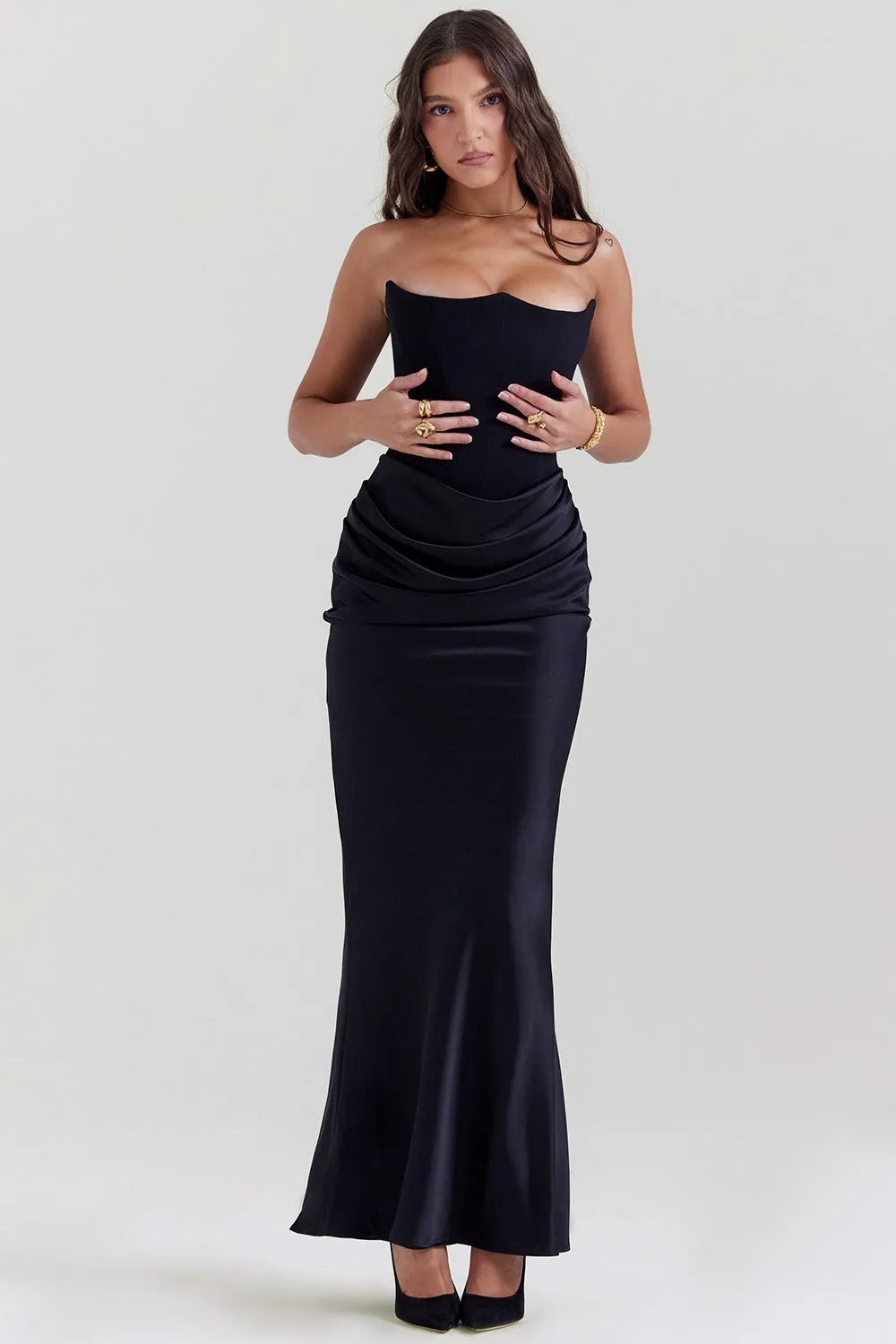 Elegant Sheath Strapless Sleeveless Ruched Back Floor-Length Formal Party Dresses