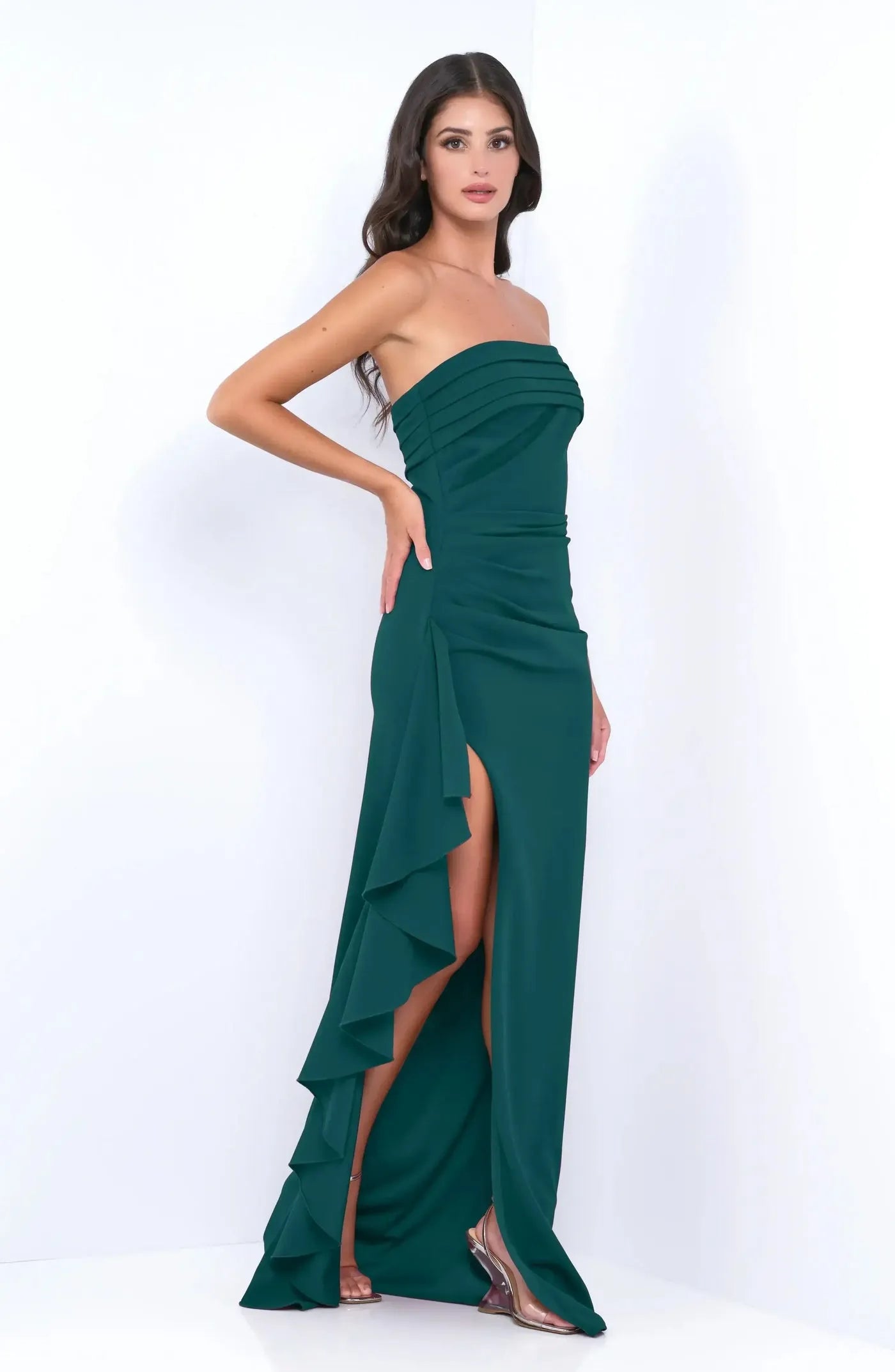Elegant Sheath Strapless Sleeveless Solid Back High-Slit Floor-Length Prom Dresses