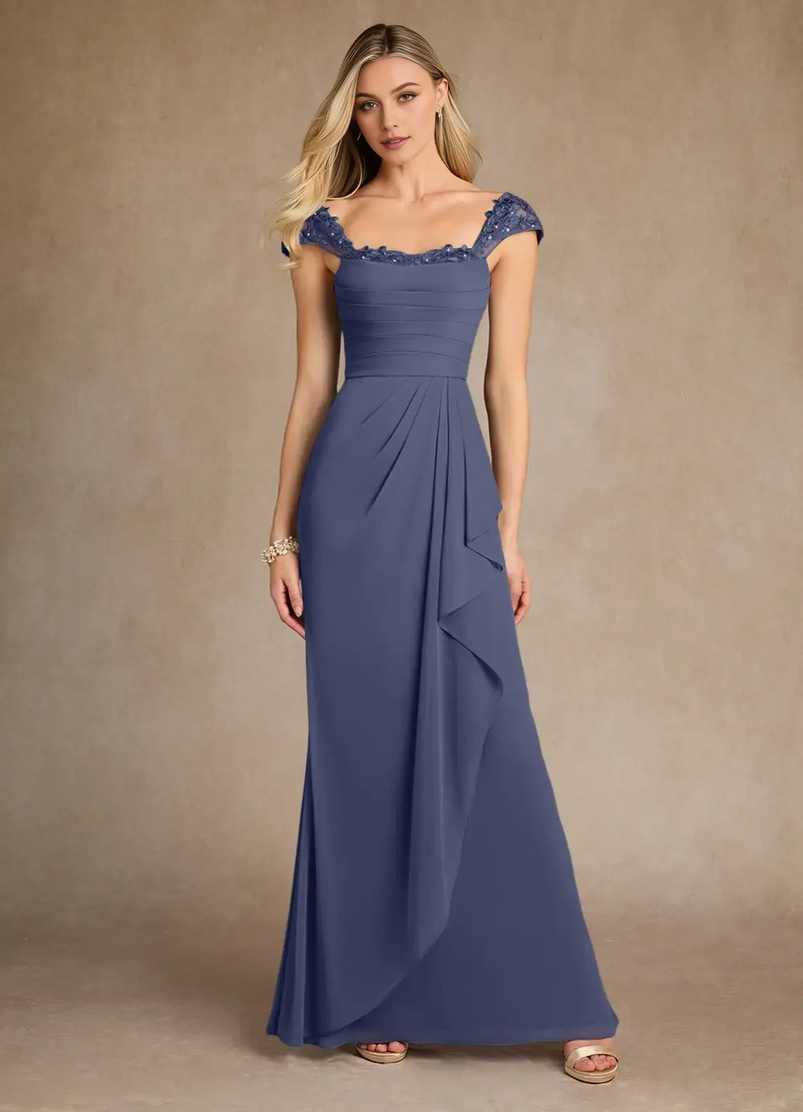 Elegant Sheath Sweetheart Neck Cap Sleeves Lace Ruffle Embellished  Back Zip Floor-Length Mother of the Bride Dress Hot Sale ﻿