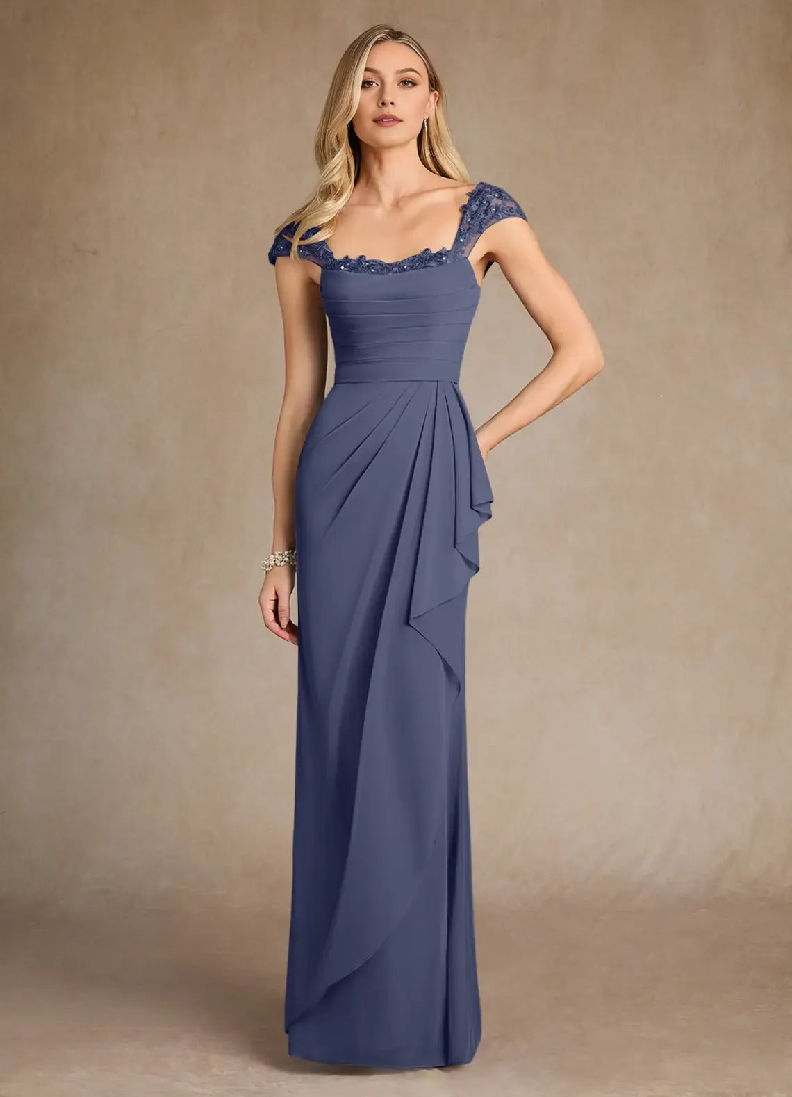 Elegant Sheath Sweetheart Neck Cap Sleeves Lace Ruffle Embellished  Back Zip Floor-Length Mother of the Bride Dress Hot Sale ﻿