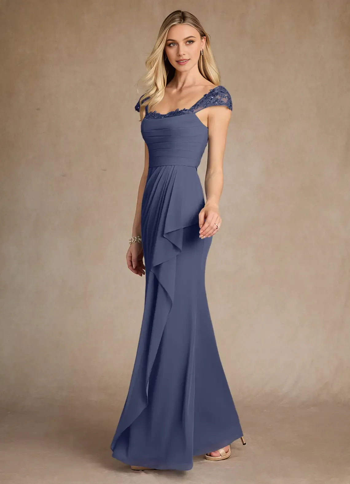 Elegant Sheath Sweetheart Neck Cap Sleeves Lace Ruffle Embellished  Back Zip Floor-Length Mother of the Bride Dress Hot Sale ﻿