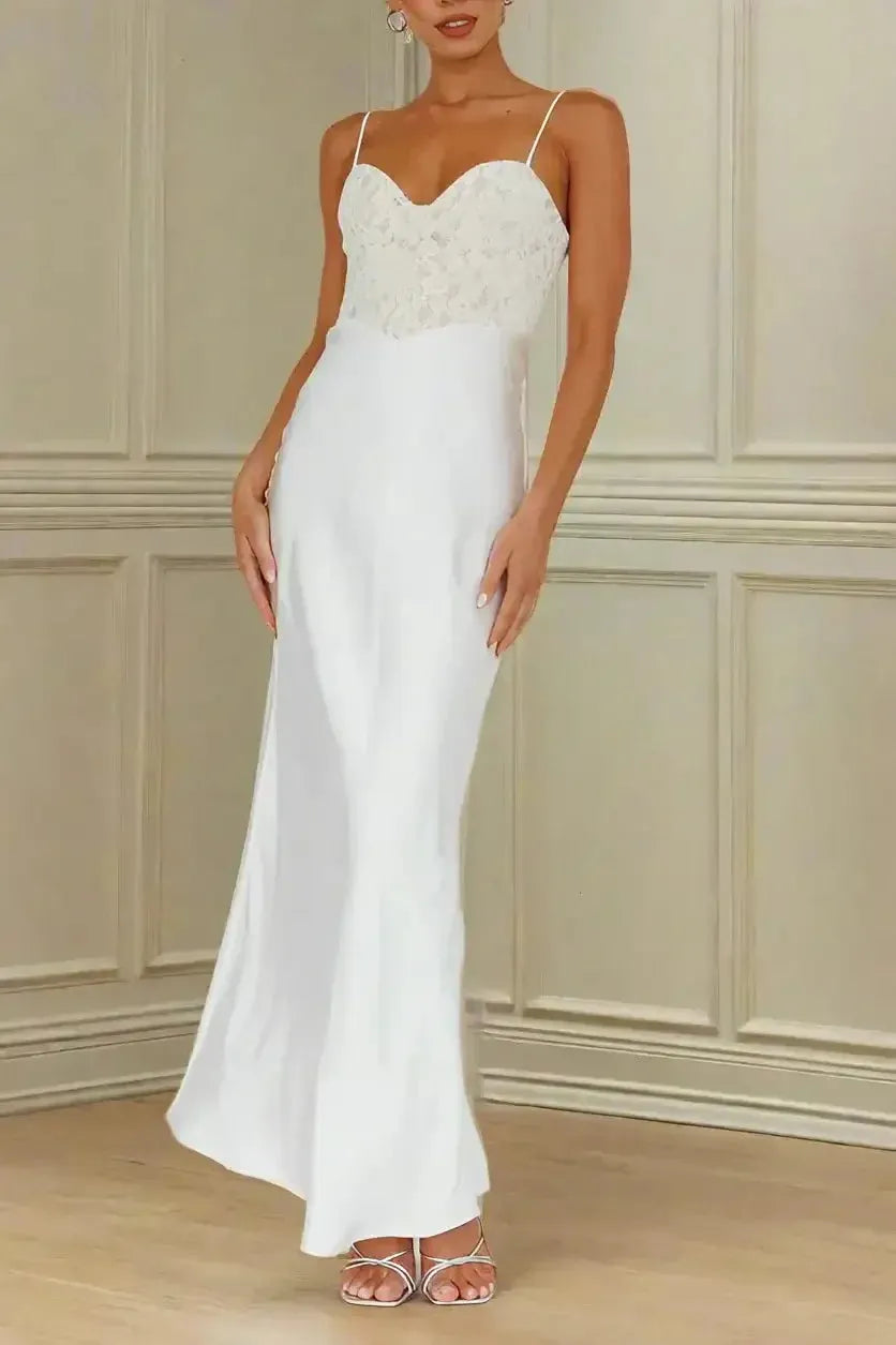 Elegant Sheath Sweetheart Neck Spaghetti Strap Lace-Trim Back Floor-Length Formal Dresses